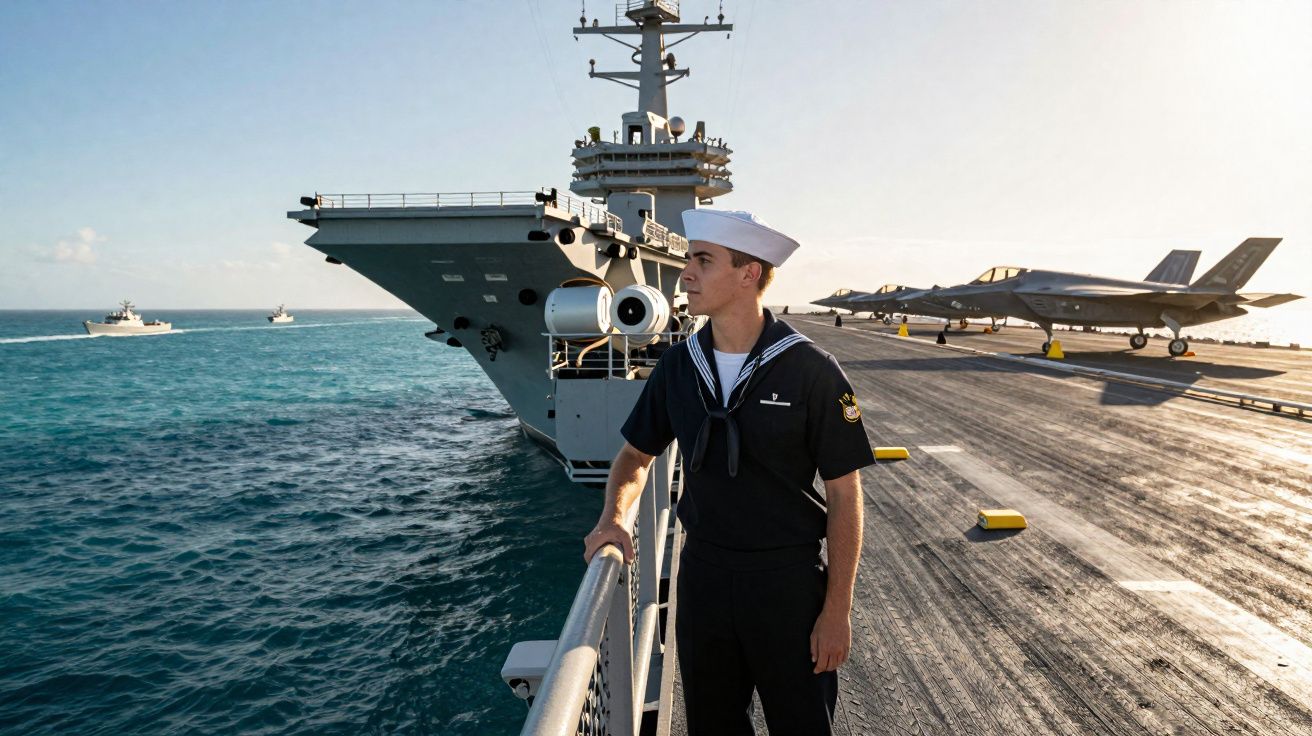Marinheiro da marinha junto ao corrimão de porta-aviões com aviões num convés ao fundo e mar azul.
