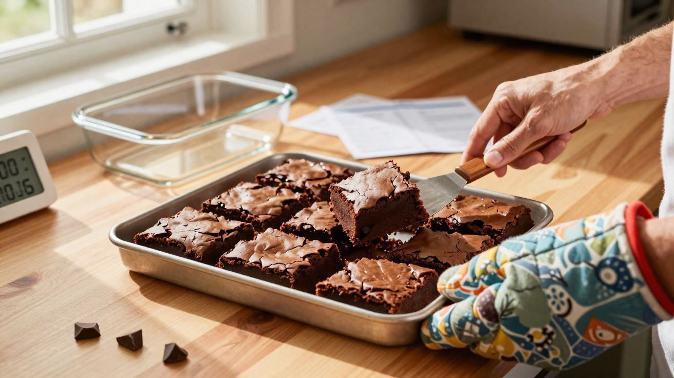 Pessoa a retirar quadrado de brownie de tabuleiro metálico sobre bancada de madeira.