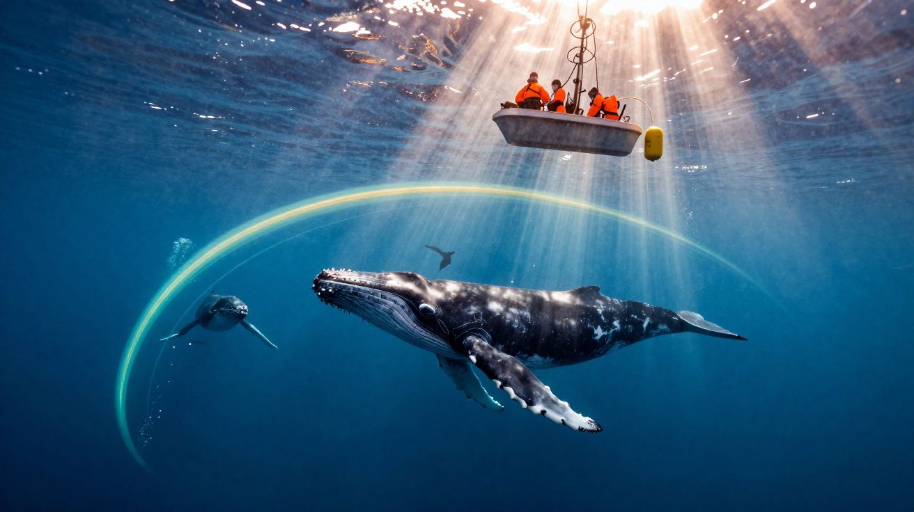 Barco com pessoas observa uma baleia jubarte nadando sob a água iluminada pelo sol.
