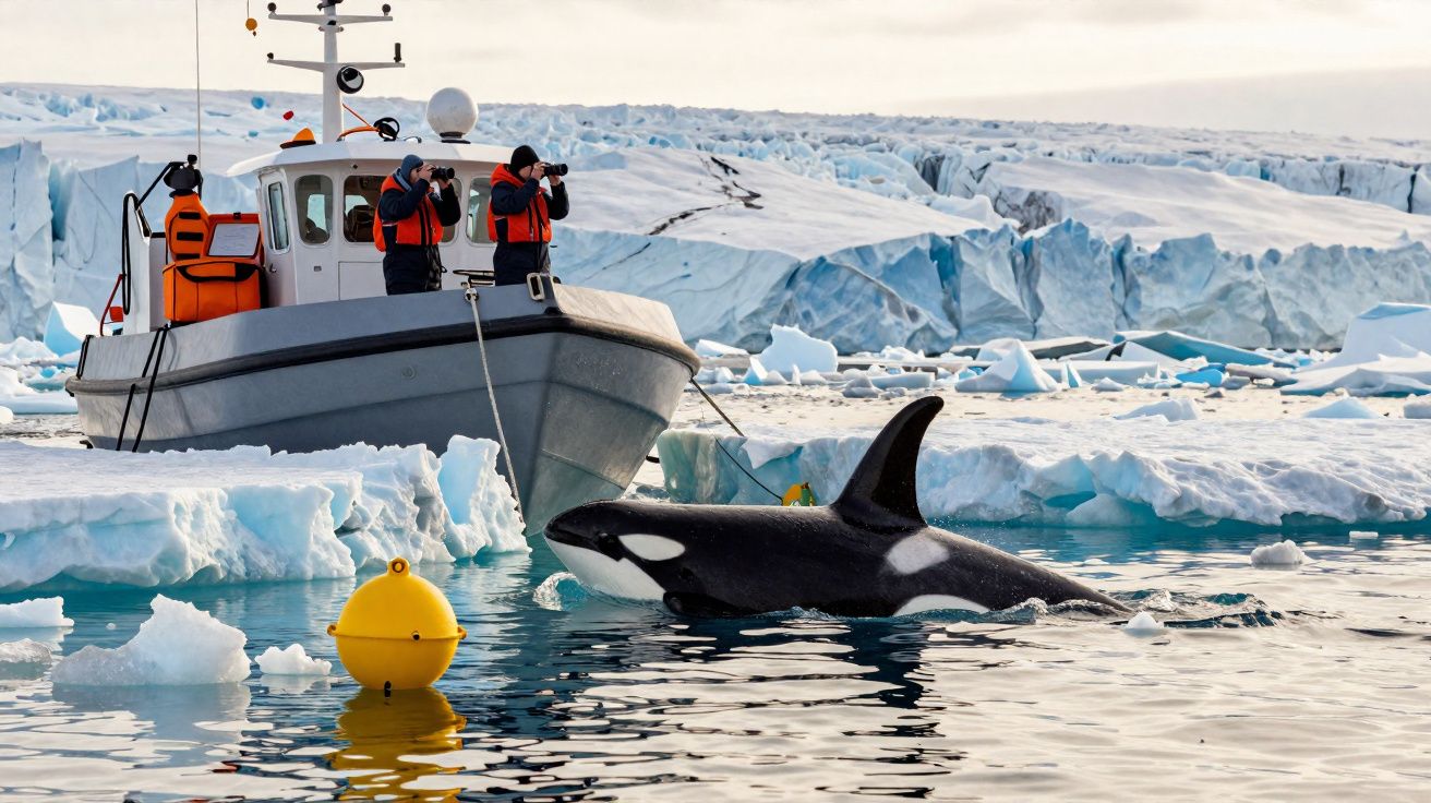 Três pessoas de coletes laranja numa embarcação observam uma orca a nadar junto a um icebergue.