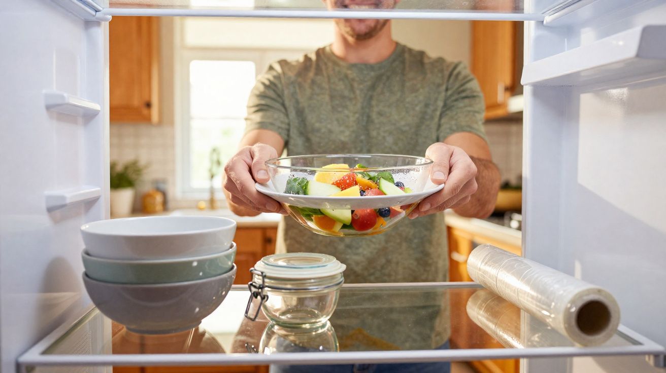 Pessoa a guardar prato com salada de frutas na frigorífico aberto numa cozinha.