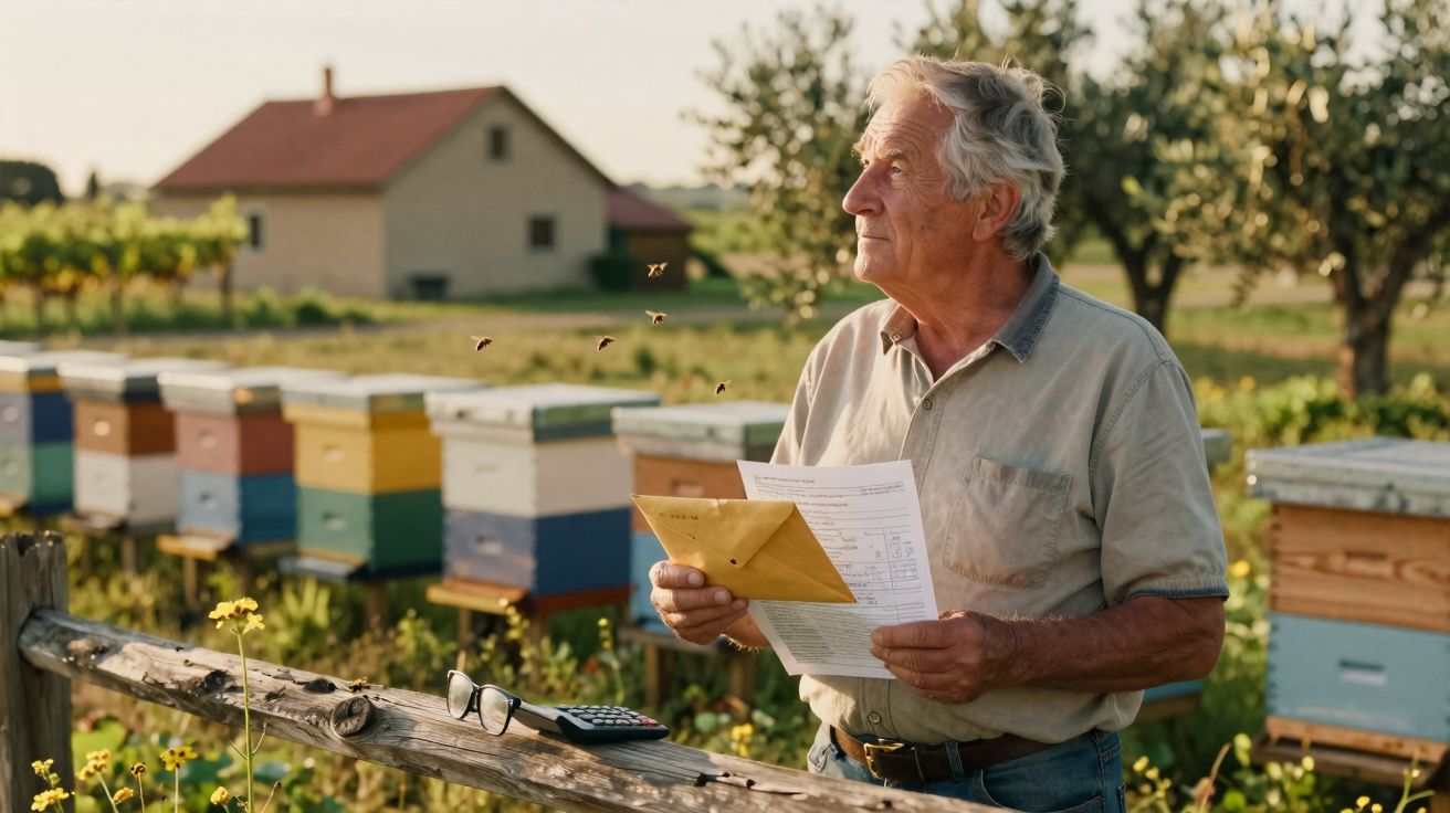 Homem idoso com documentos junto a colmeias numa paisagem rural ao entardecer.