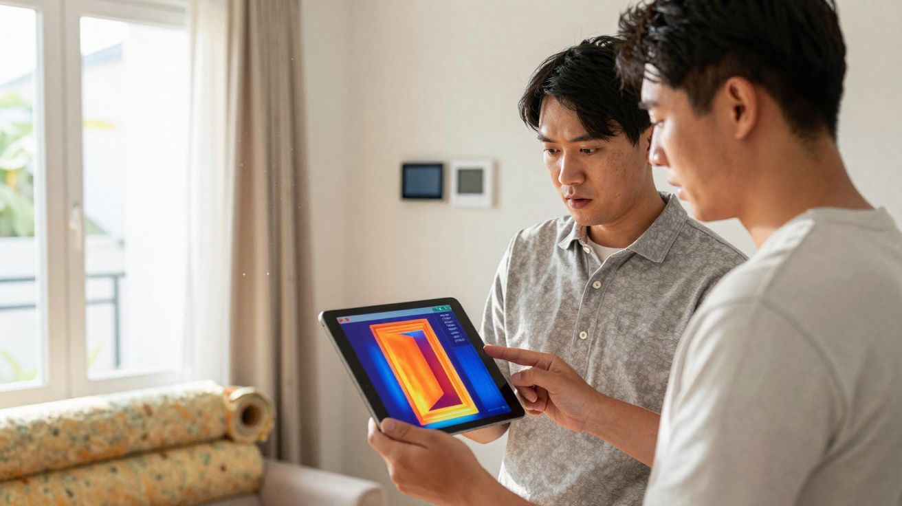 Dois homens analisam uma imagem térmica numa tablet dentro de uma sala iluminada com janela e sofá ao fundo.