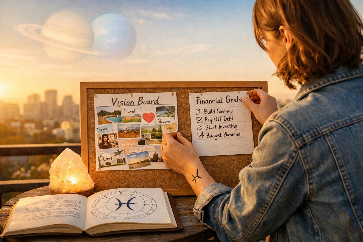 Pessoa a preparar um quadro de visão e metas financeiras ao pôr do sol com livro de astrologia aberto.