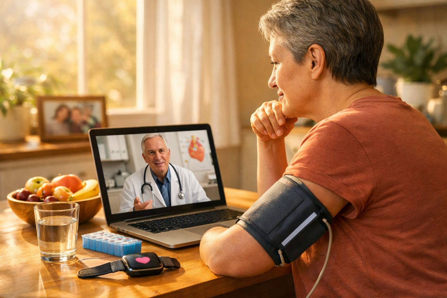 Pessoa a medir a pressão arterial em vídeo chamada com médico num ambiente doméstico iluminado.