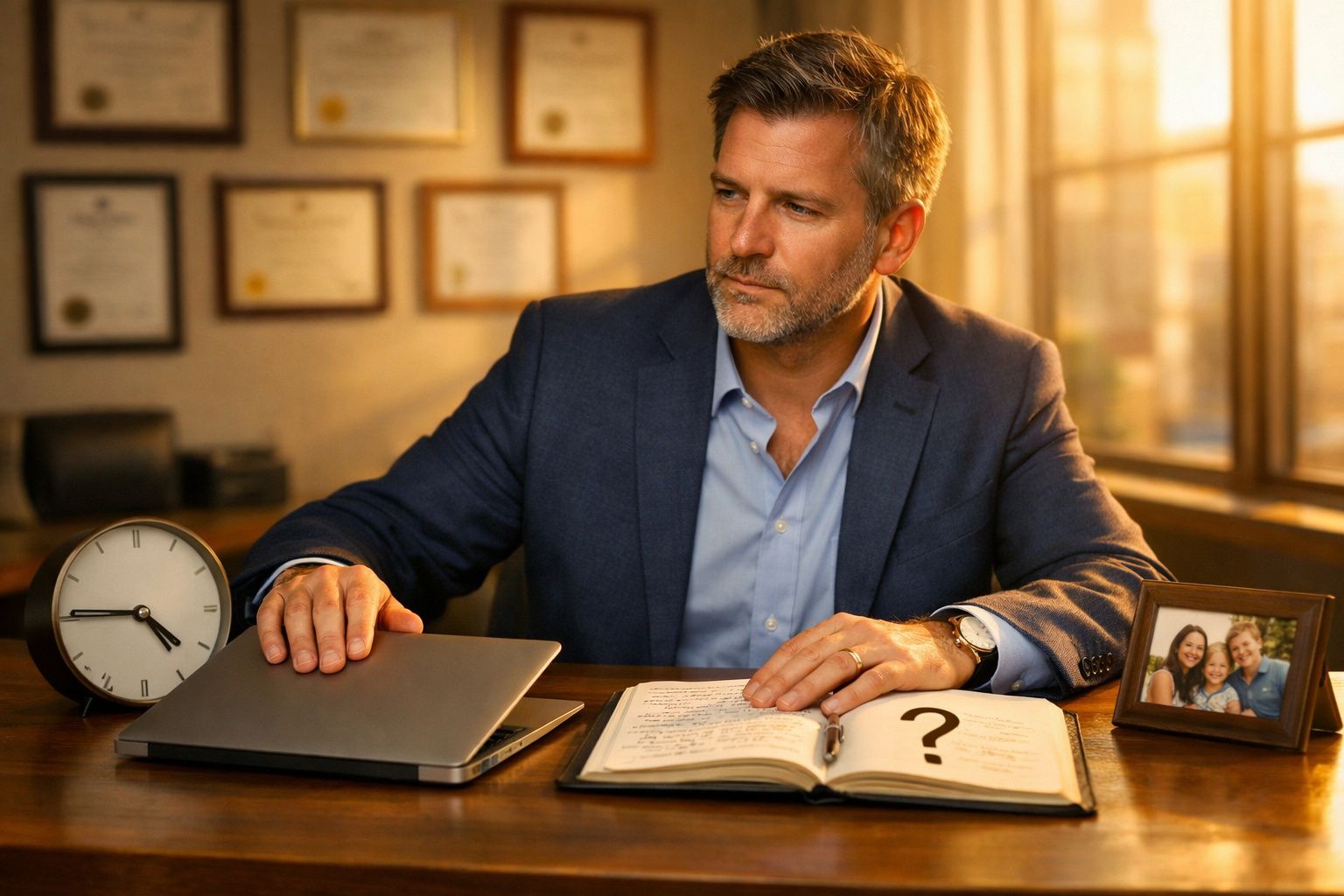 Homem de negócios a fechar portátil com relógio, agenda e fotografia de família na secretária iluminada pelo sol.