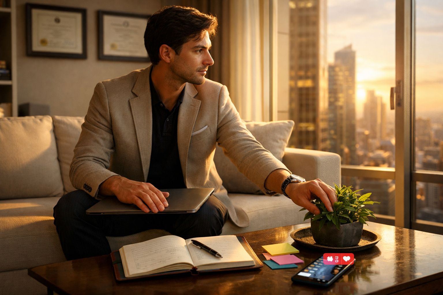 Homem sentado no sofá ao pôr do sol, segurando um computador e tocando numa planta numa sala moderna.