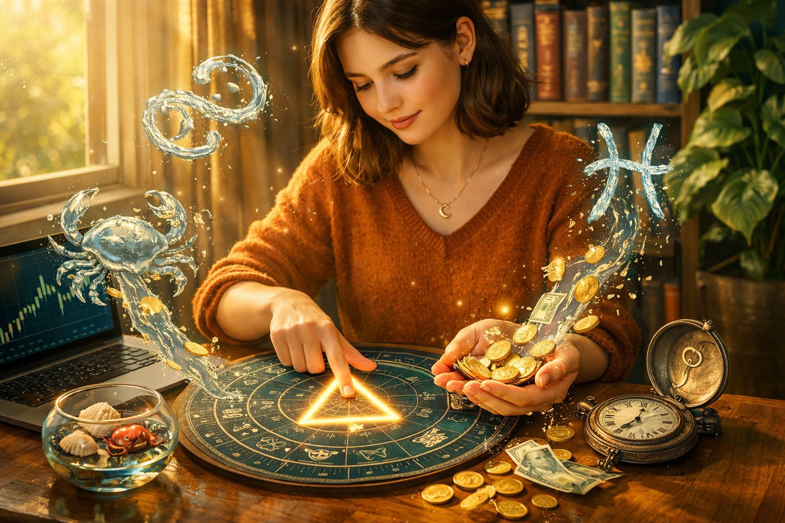 Jovem com suéter castanho usa círculo zodiacal e símbolos mágicos flutuantes sobre mesa com moedas e relógio antigo.