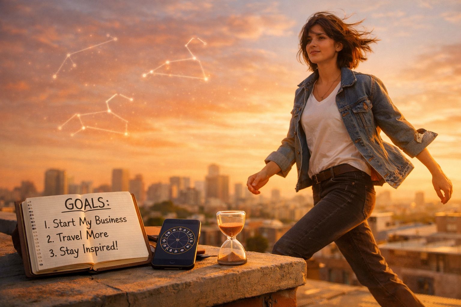 Mulher com jaqueta de ganga ao pôr do sol, ao lado de blocos com metas escritas e elementos simbólicos.
