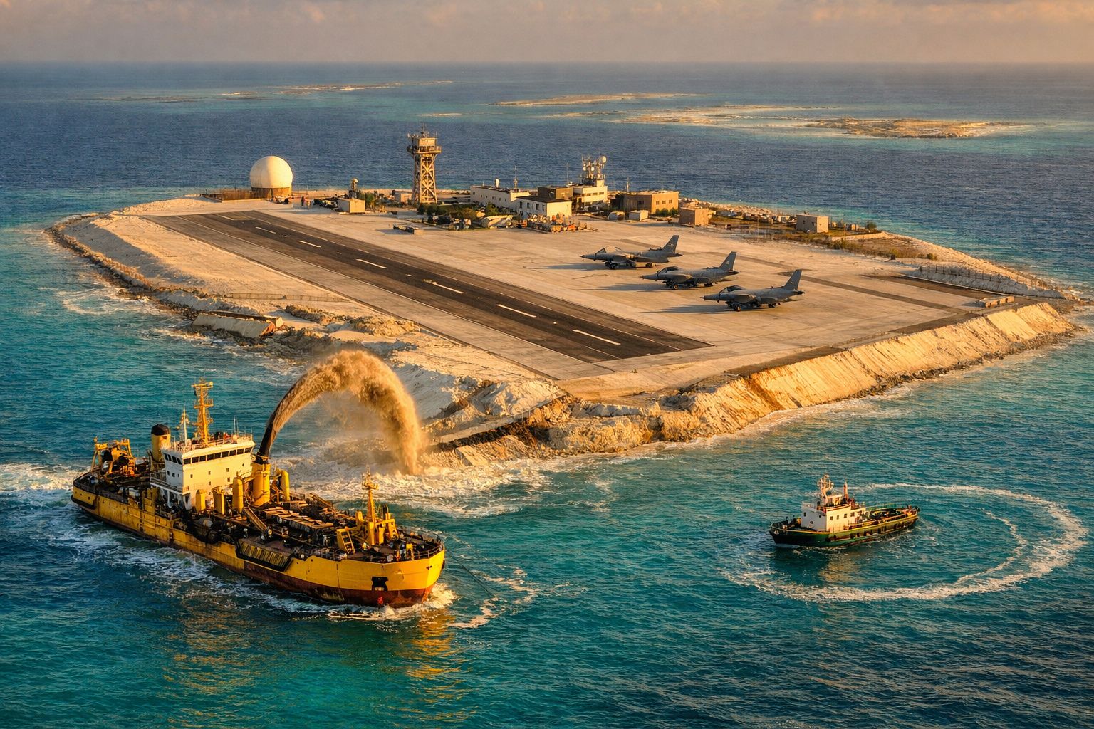 Ilha artificial com pista de aviação militar, três aviões estacionados e dois navios na água azul ao redor.