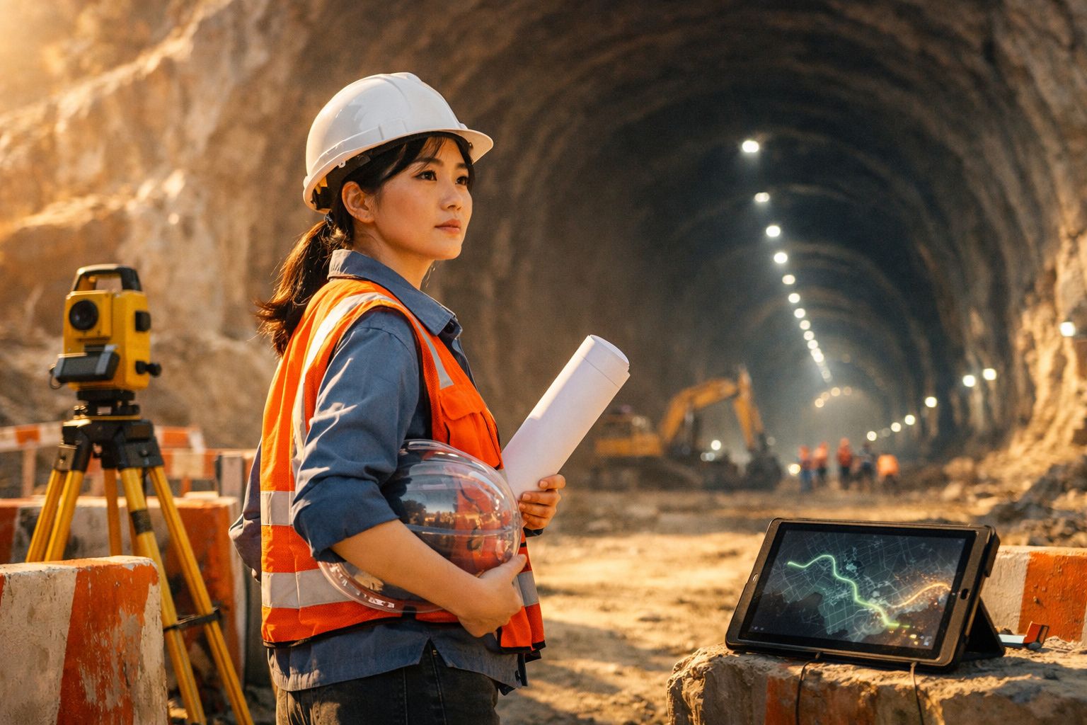 Engenheira numa obra subterrânea, com capacete e colete refletor, segurando plantas e capacete, junto a equipamento e tablet.