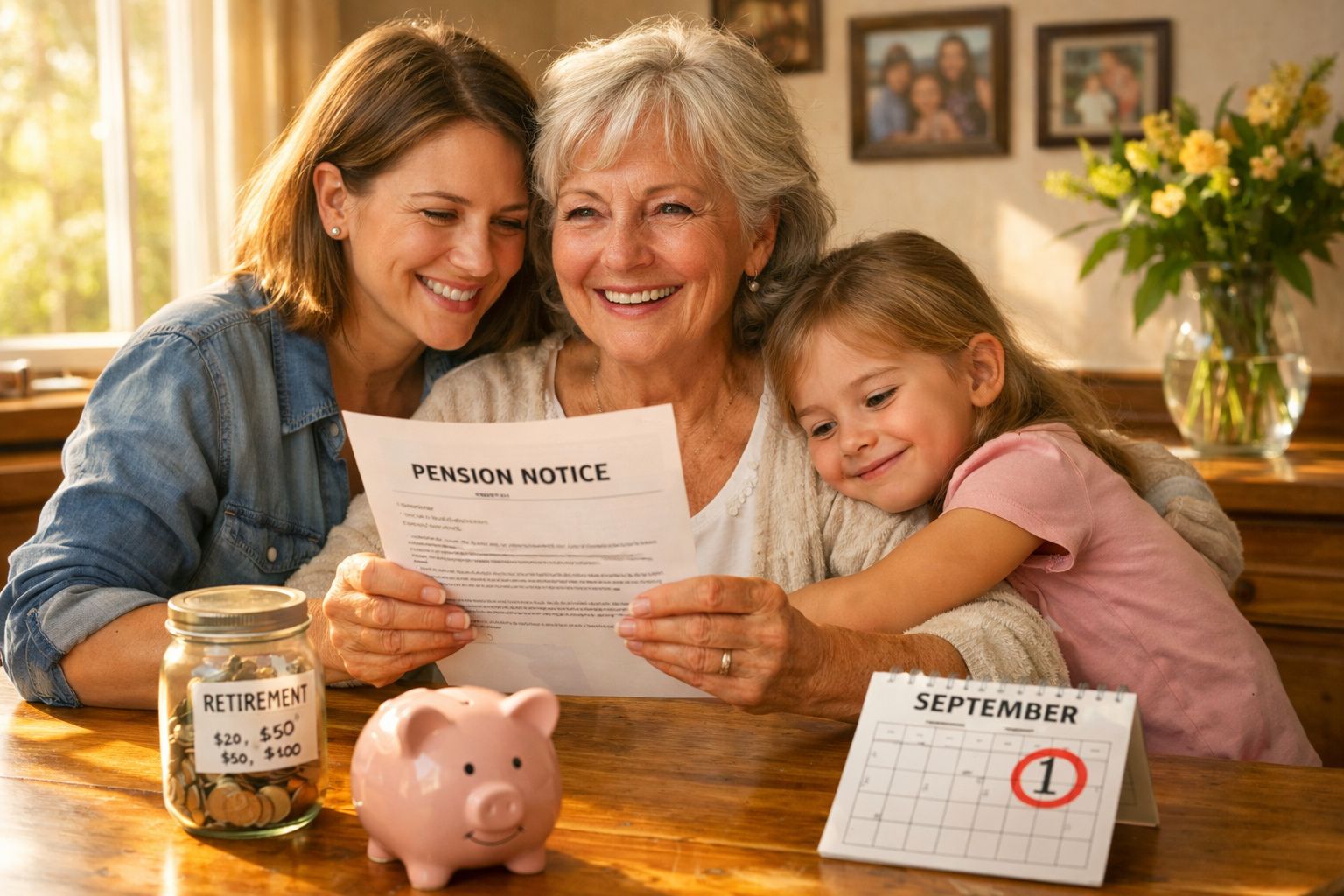 Três gerações femininas felizes a lerem uma carta de pensão à mesa com mealheiro e calendário de setembro.