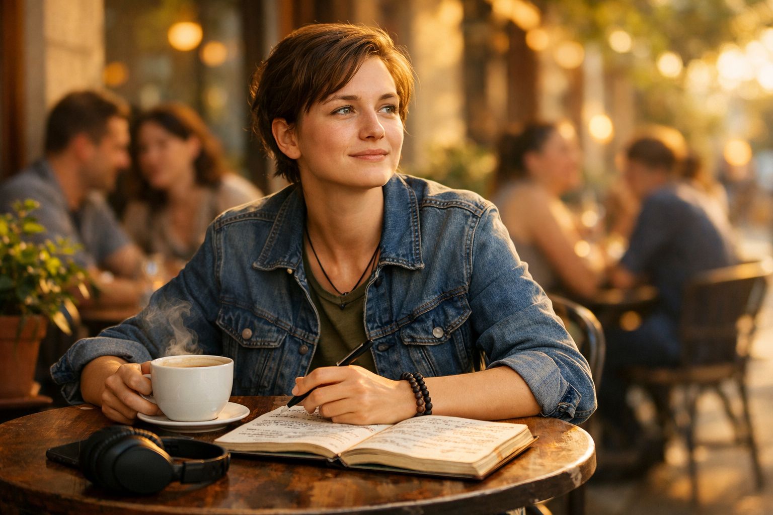 Pessoa a sorrir a beber café e a escrever num caderno ao ar livre, estilo casual, luz quente do pôr do sol.