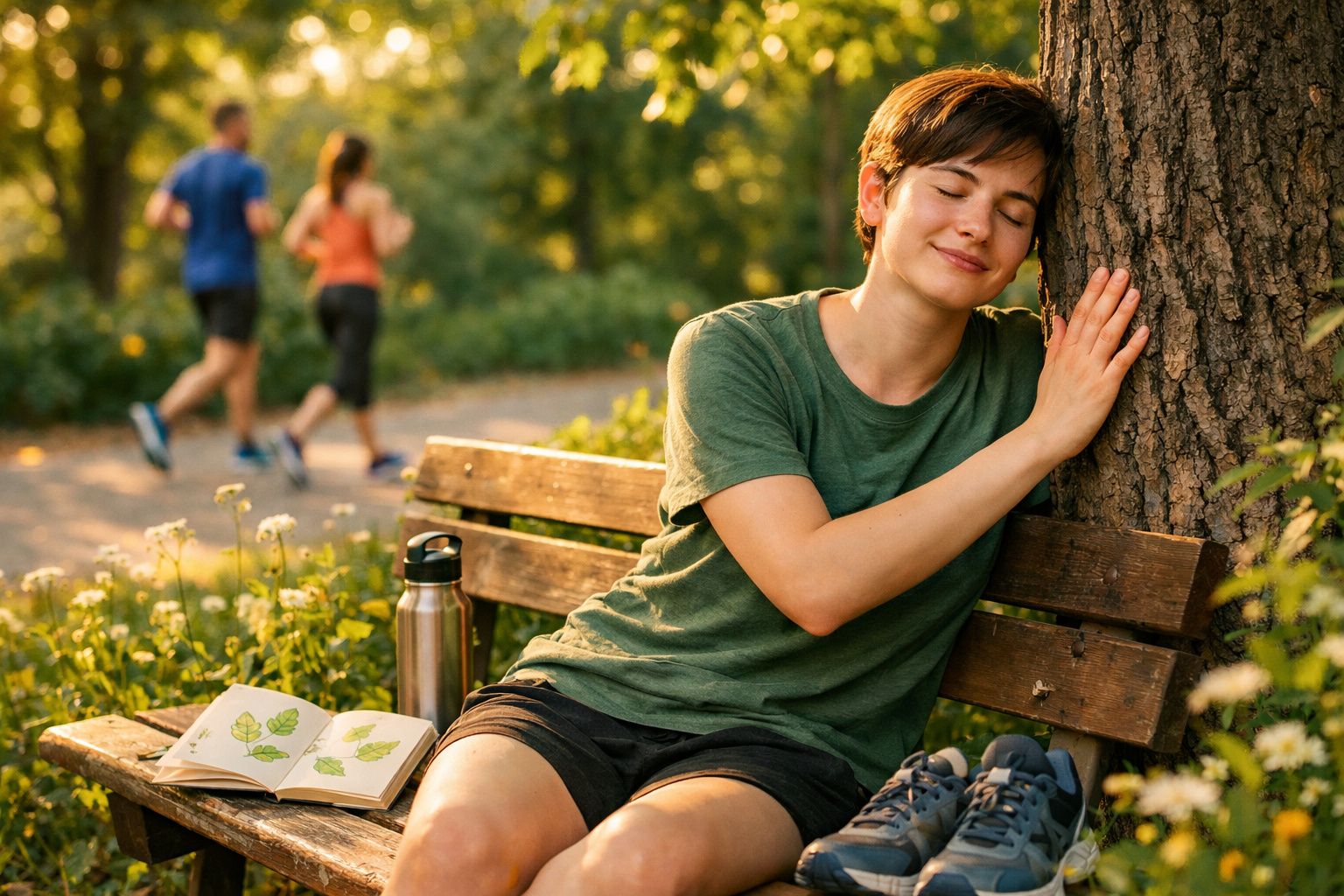 Mulher sentada num banco no parque, com olhos fechados e a encostar a cabeça a uma árvore.