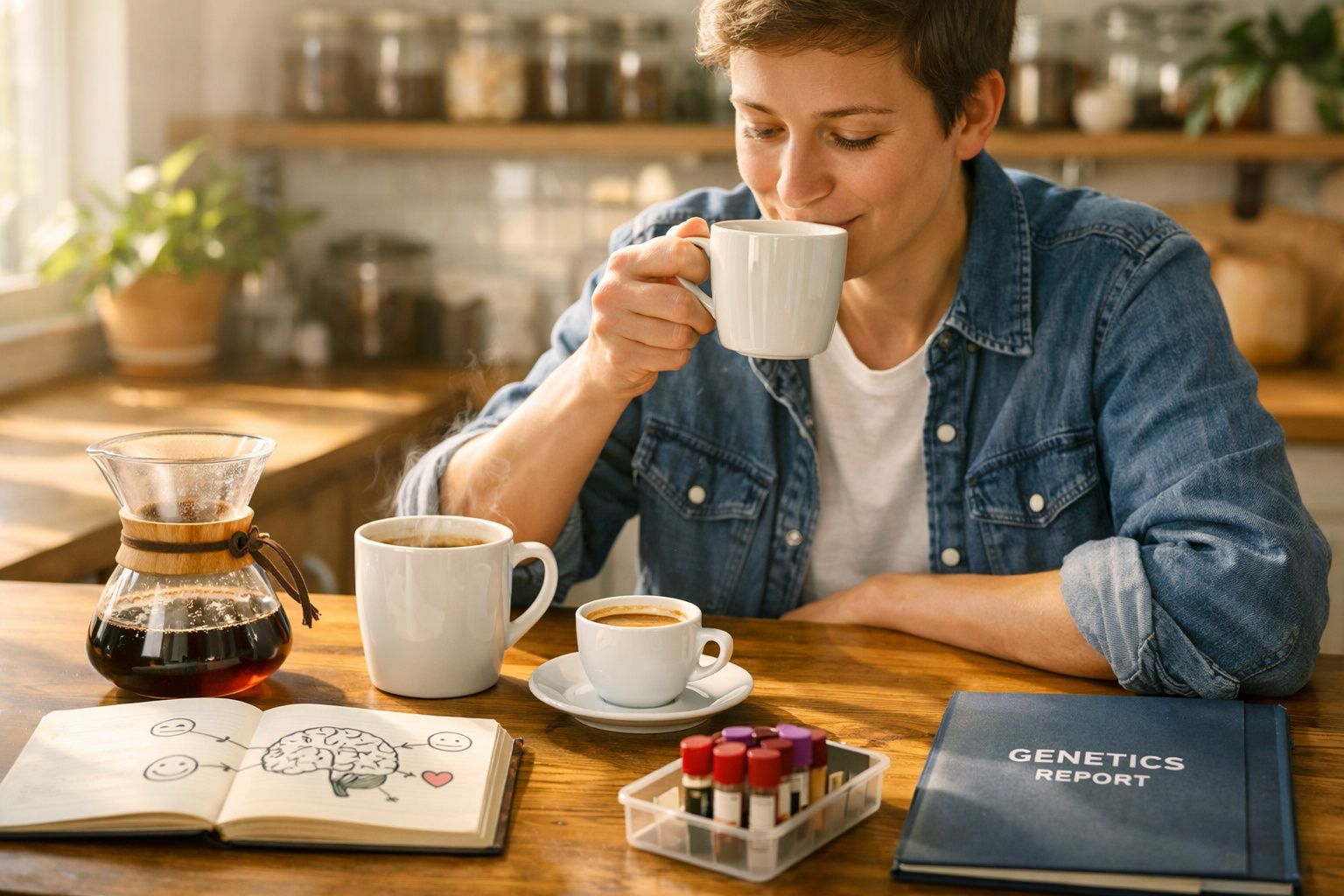 Pessoa a beber café numa cozinha, com livros, amostras de sangue e desenho do cérebro numa mesa de madeira.