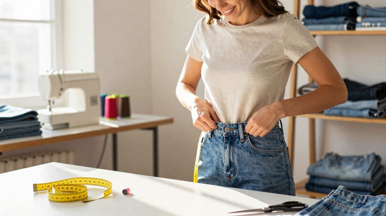 Mulher a provar jeans azuis num ateliê luminoso com fita métrica e máquina de costura ao fundo.