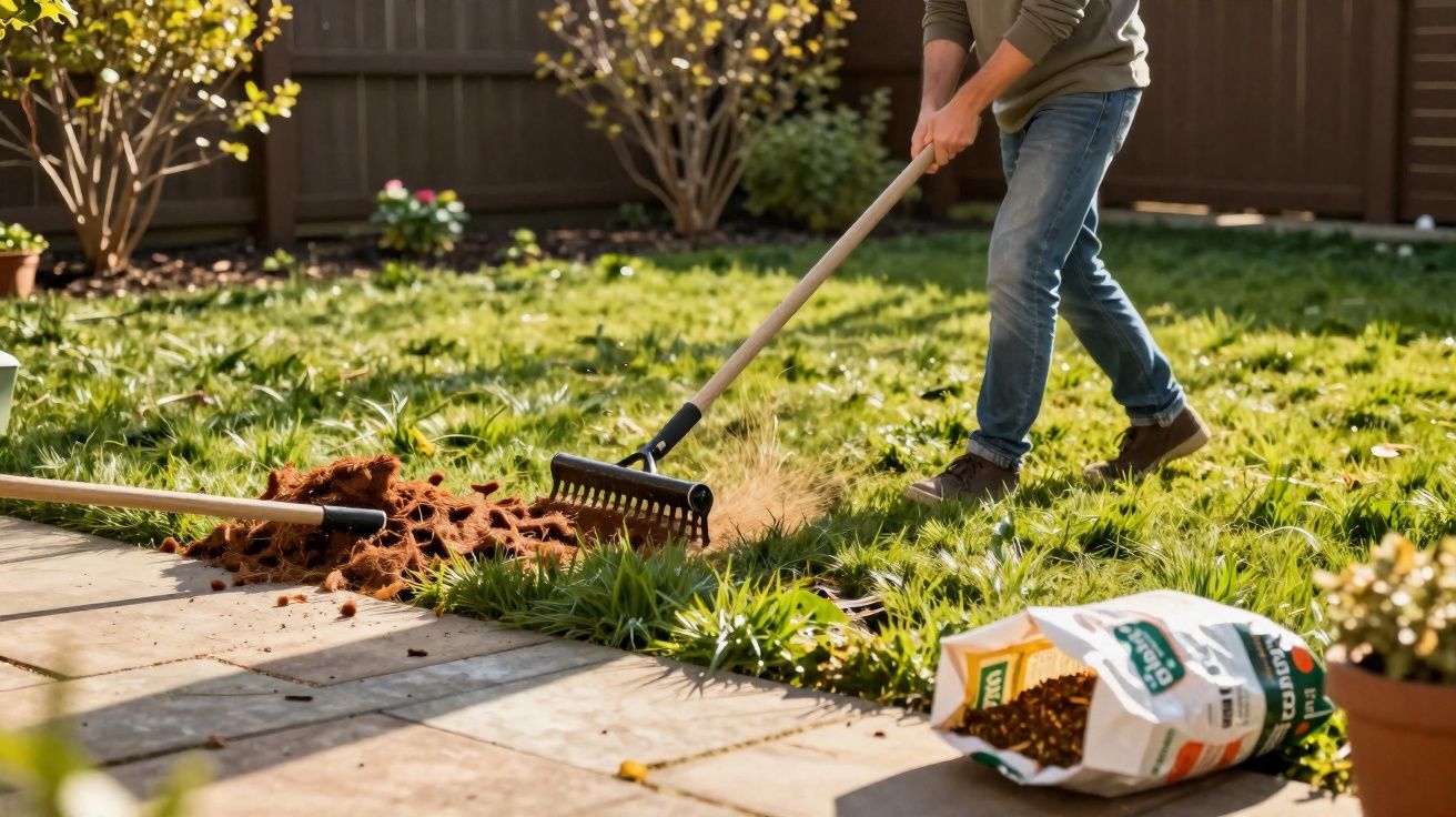 Pessoa a capinar relvado num jardim ensolarado com ferramenta e saco de composto ao lado.