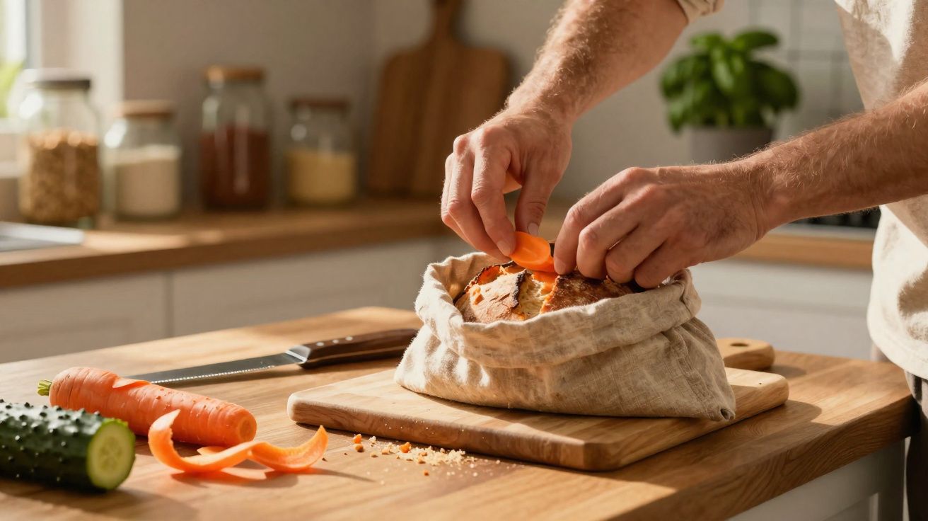 Mãos a colocar fatias de cenoura sobre pão dentro de saco reutilizável na cozinha.
