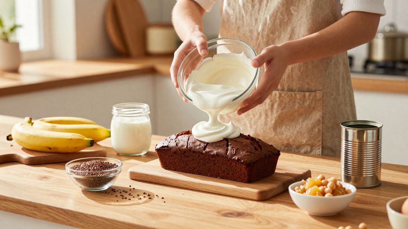 Pessoa a verter creme branco sobre bolo caseiro de chocolate numa cozinha iluminada.