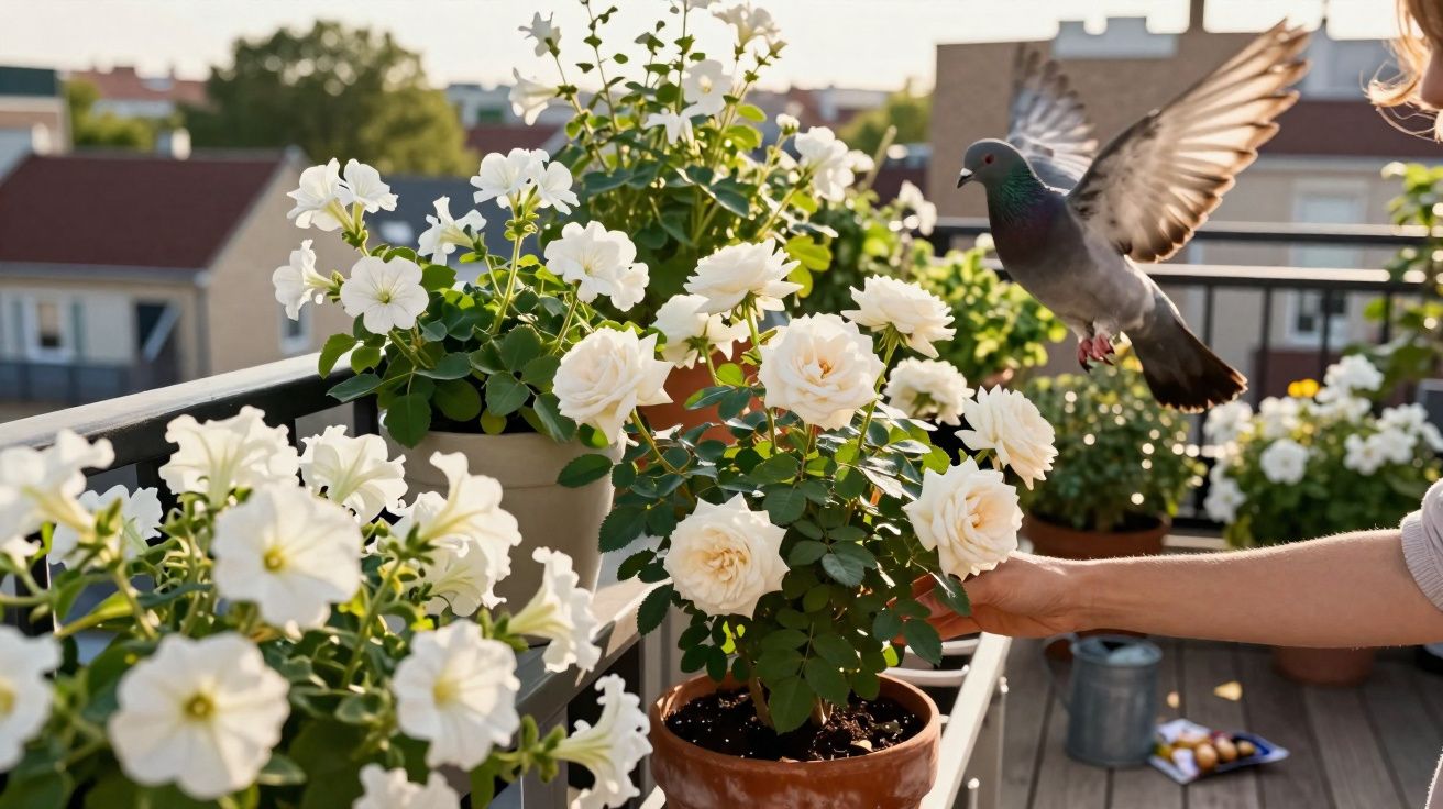 Mãos tocam rosas brancas em vaso num terraço com flores e pombo a levantar voo ao entardecer.