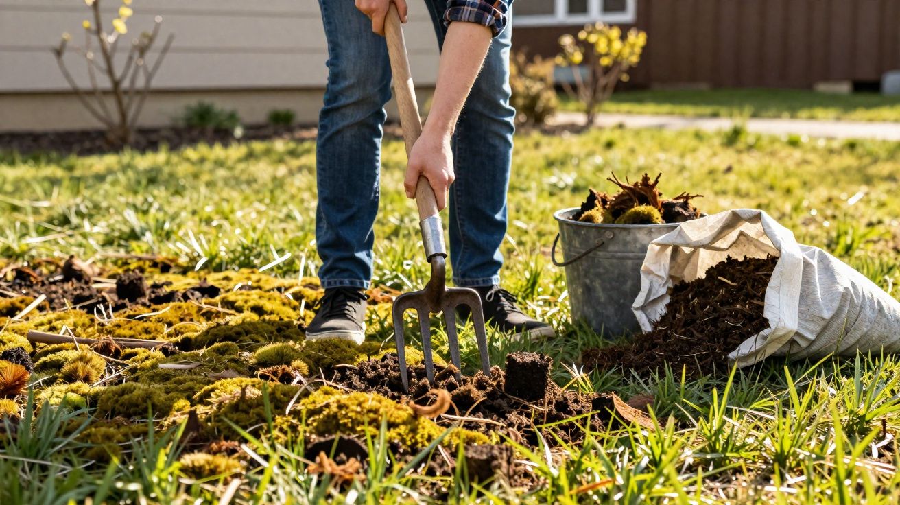 Pessoa a cavar solo com forcado num jardim ensolarado, com saco e balde ao lado.