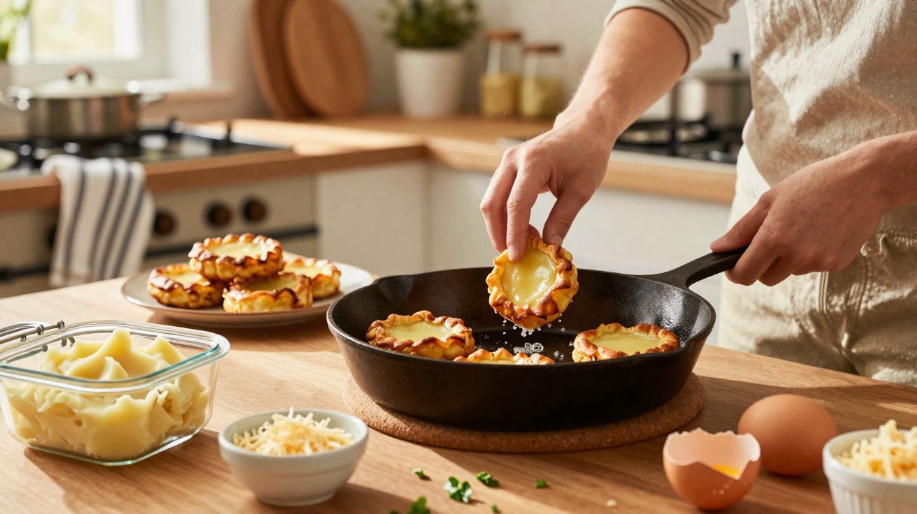 Pessoa a cozinhar pastéis de nata numa frigideira na cozinha, com ingredientes na bancada.