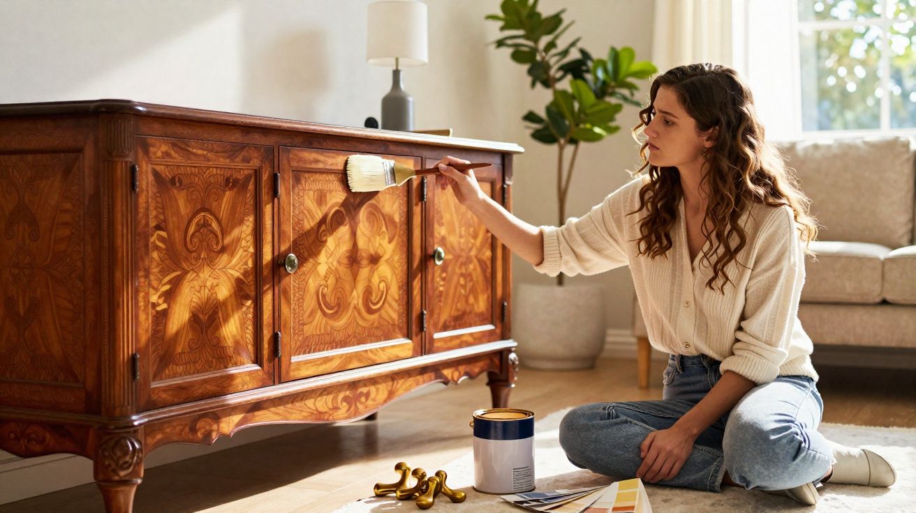 Mulher a restaurar móvel de madeira antiga com pincel num ambiente luminoso e acolhedor.