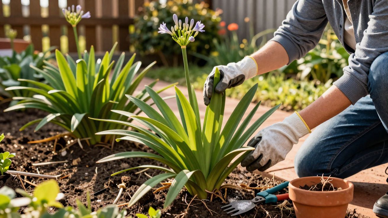 Pessoa a cuidar de planta com flores lilases num jardim com luvas e ferramentas de jardinagem à volta.