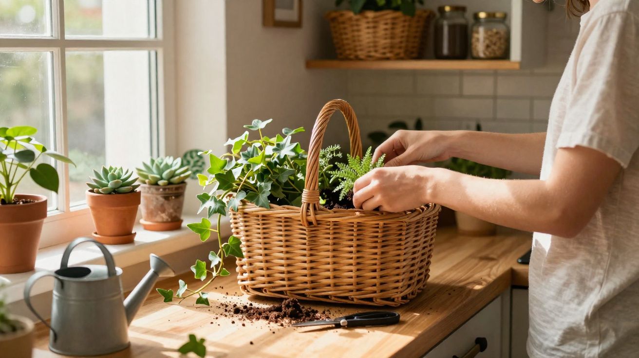 Pessoa a cuidar de plantas num cesto de verga, com vasos e regador numa bancada junto à janela iluminada.
