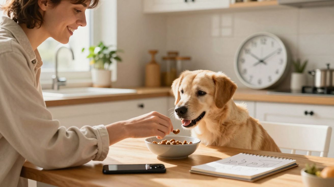 Mulher a alimentar um cão com petiscos enquanto estão sentados à mesa na cozinha.