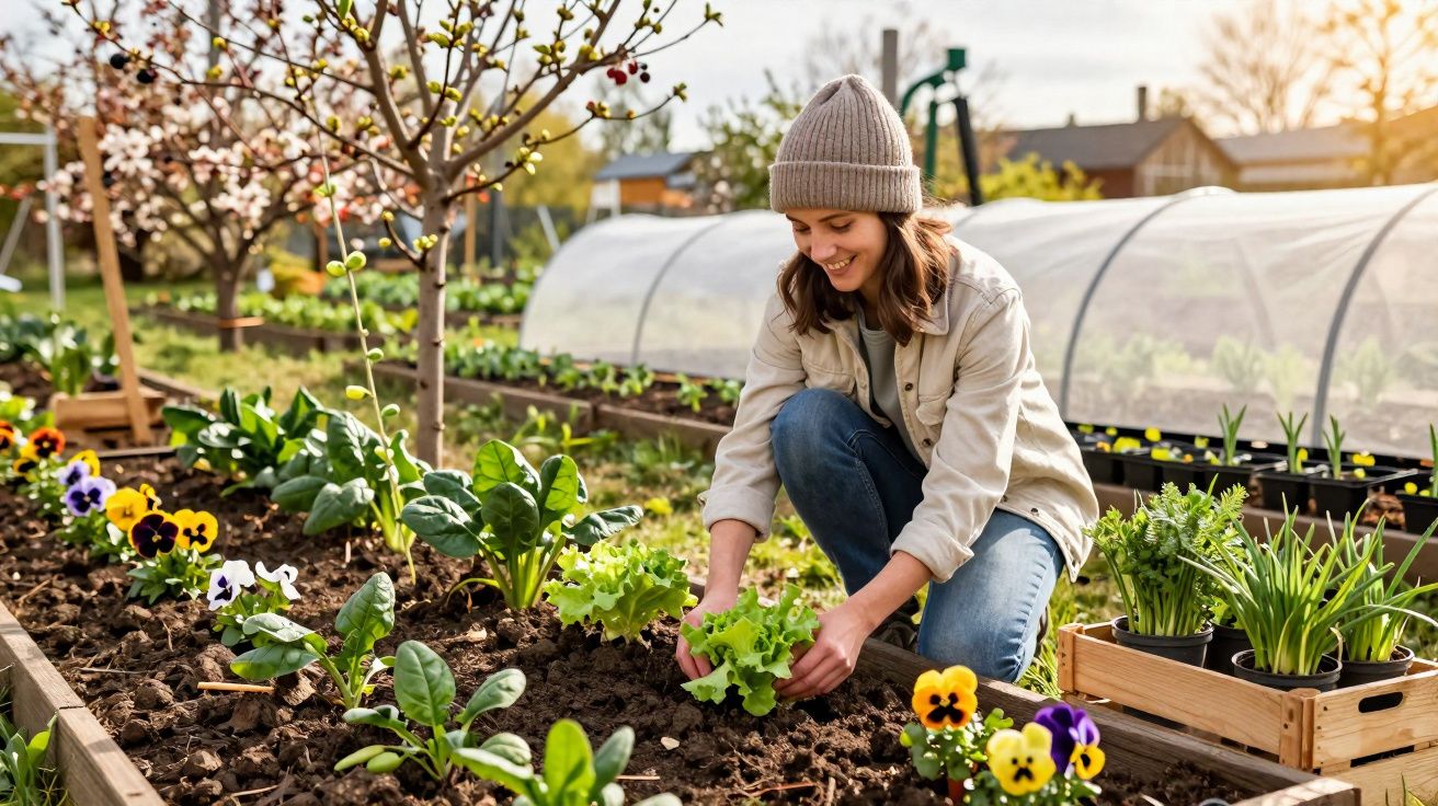 Mulher sorridente a cultivar alface numa horta com várias plantas e flores coloridas ao redor.