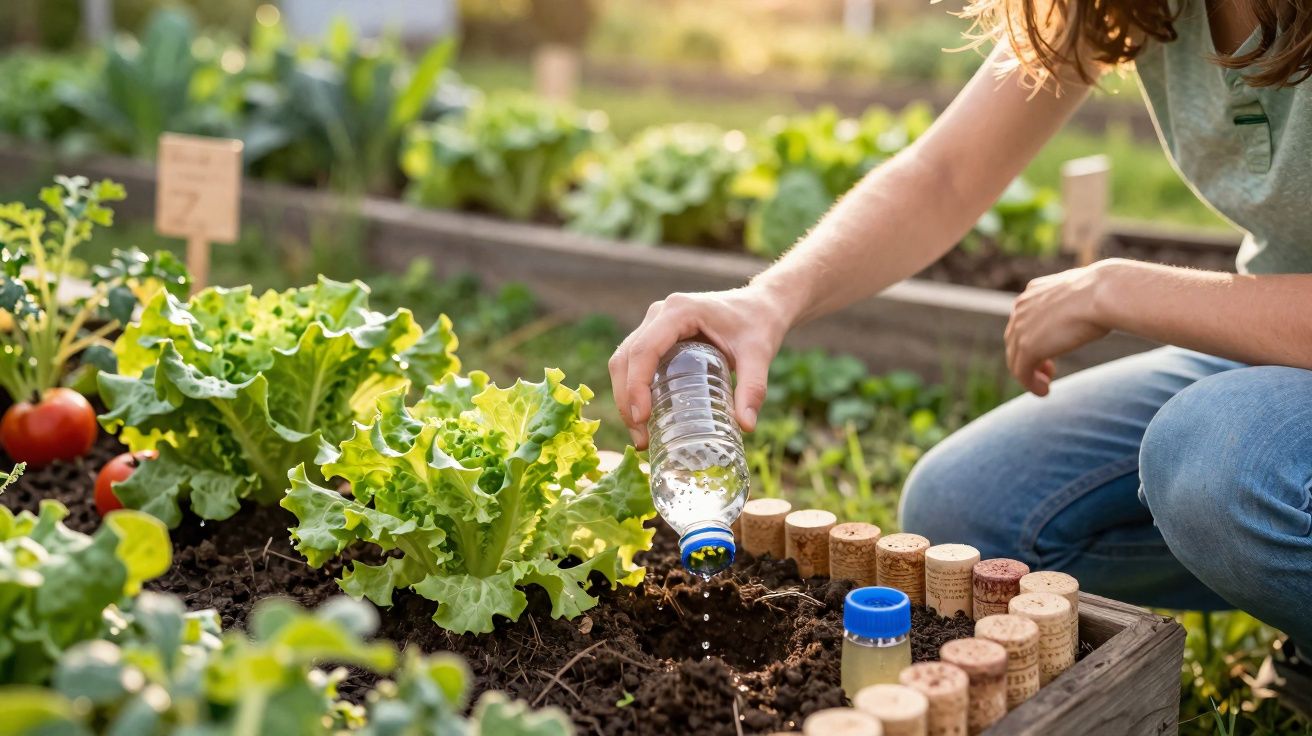 Pessoa a regar planta em canteiro de jardim com garrafa plástica reutilizada e rolhas de cortiça.