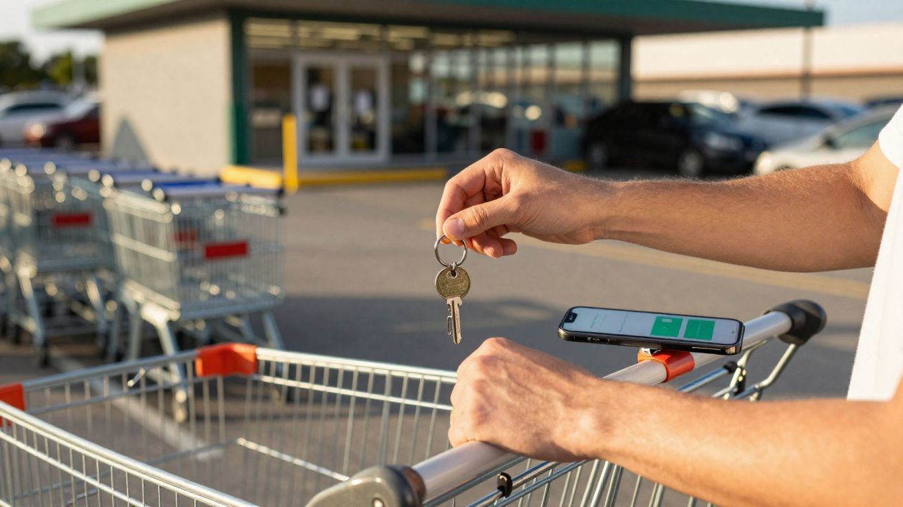 Pessoa a segurar chave junto a carrinho de compras com smartphone apoiado no carrinho num parque de estacionamento.