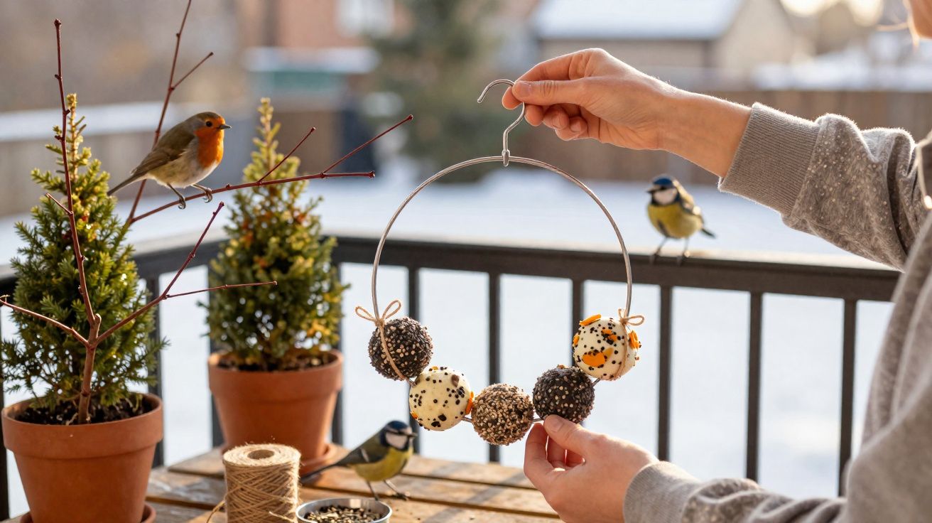 Mãos seguram pendente com bolinhas de sementes para pássaros, com pássaros e vasos num terraço ao fundo.