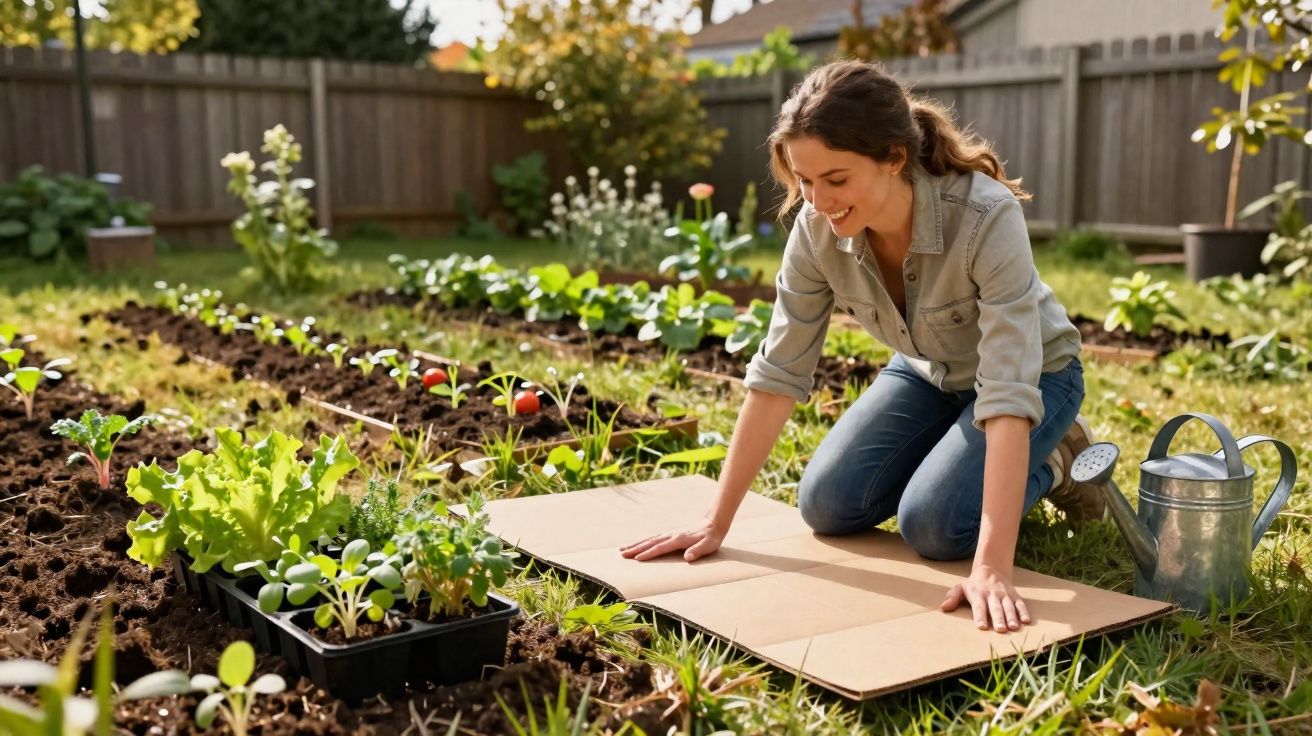 Mulher a sorrir enquanto prepara canteiro no jardim, rodeada por plantas e regador metálico.