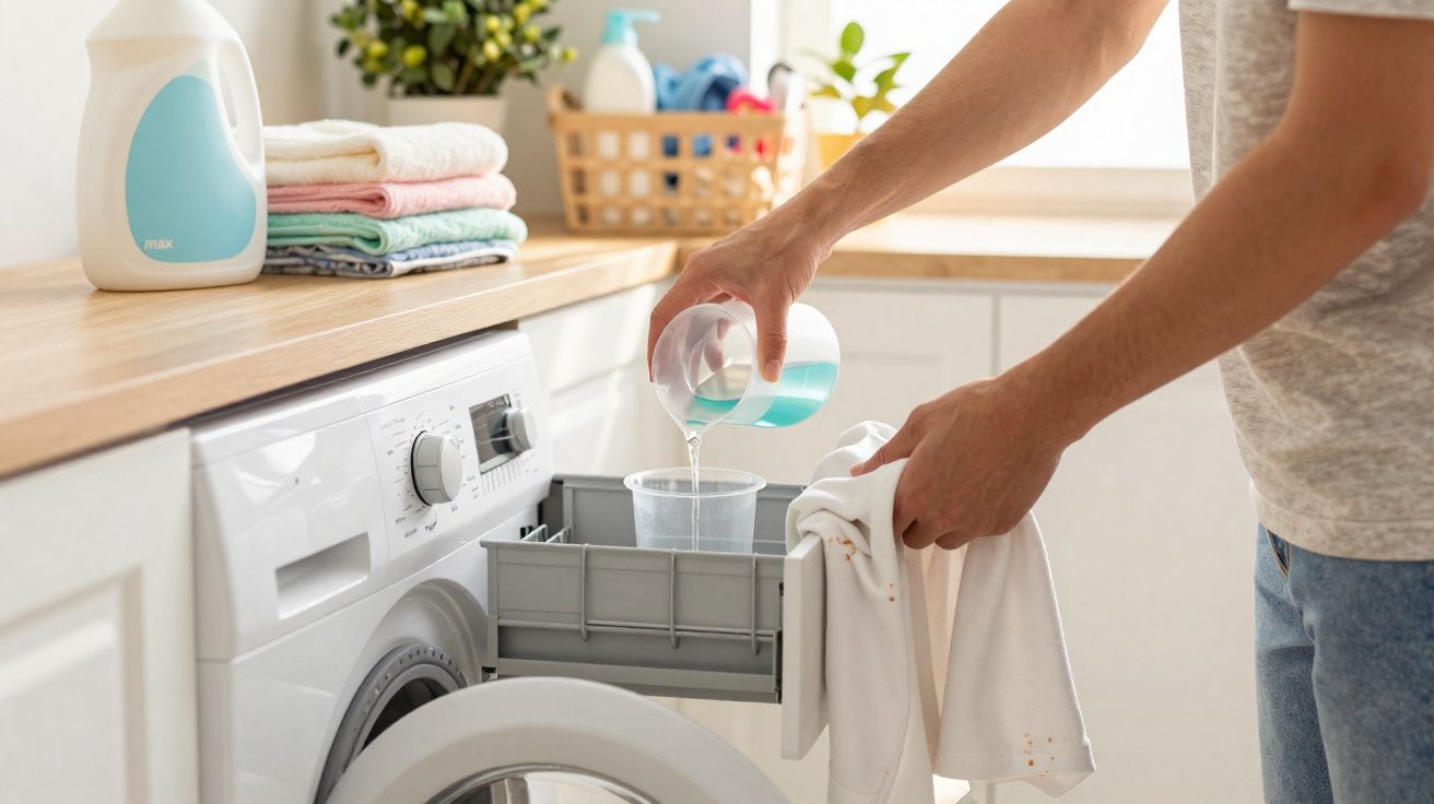 Pessoa a colocar detergente na máquina de lavar roupa, com roupa suja na mão e toalhas empilhadas na bancada.