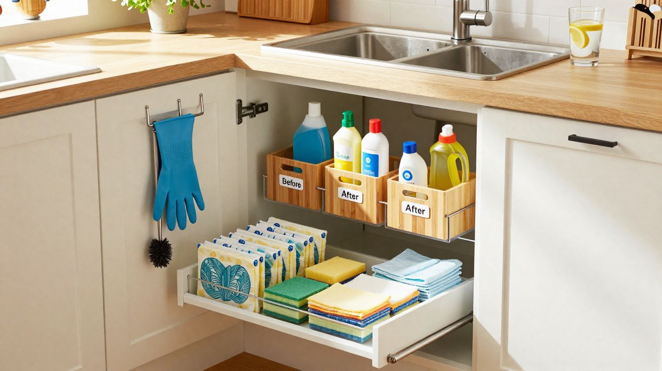 Armário de cozinha organizado com produtos de limpeza, esponjas, panos e luvas penduradas.