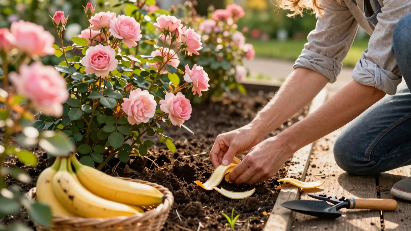 Pessoa a colocar cascas de banana no solo de um canteiro com roseiras cor-de-rosa, cesta com bananas ao lado.