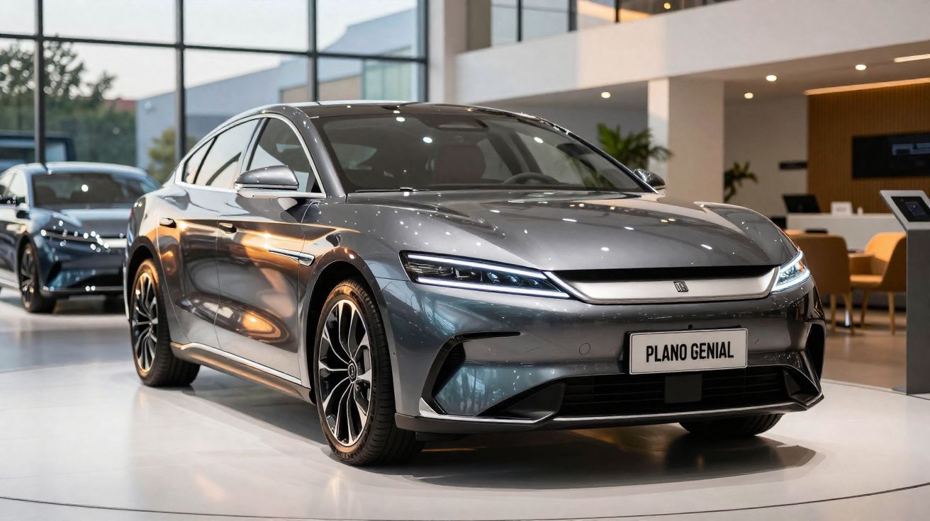 Carro elétrico cinzento moderno exposto em showroom com iluminação refletida na carroçaria brilhante.