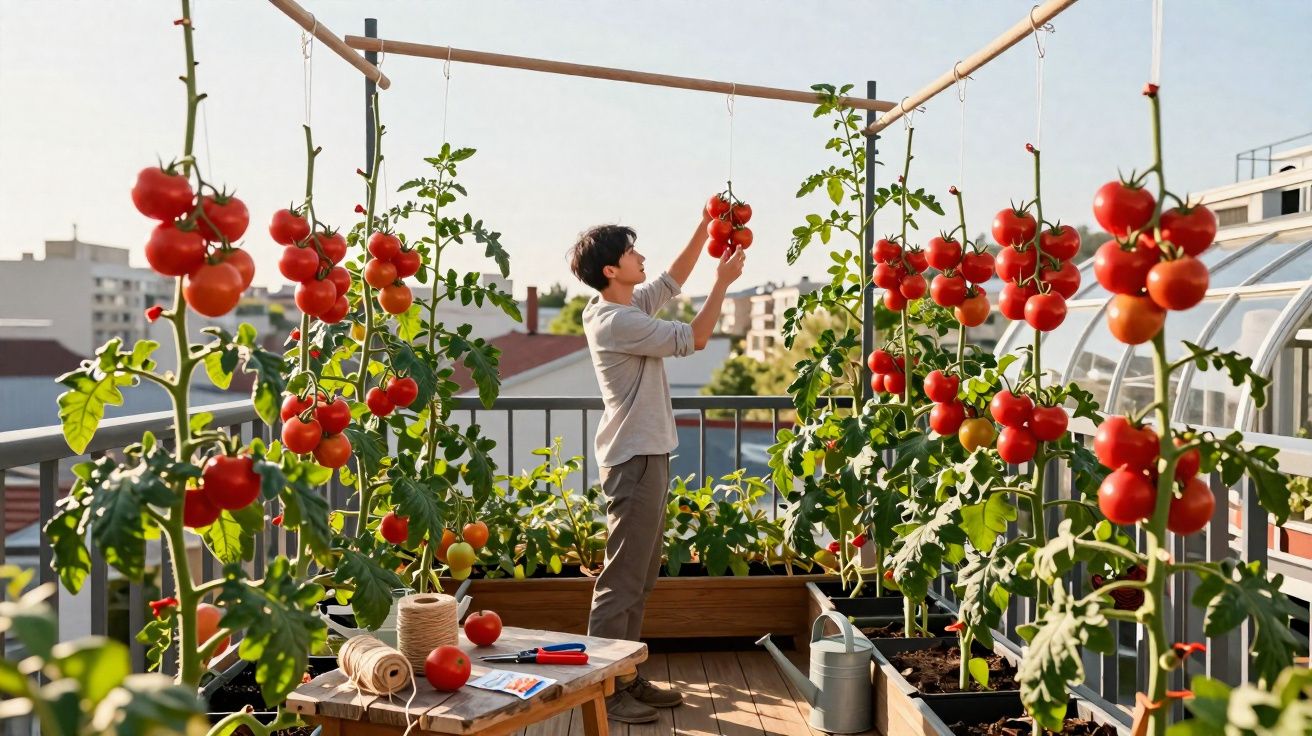Jovem colhe tomates vermelhos maduros numa horta urbana em varanda soalheira, rodeado de plantas e utensílios de jardinagem.