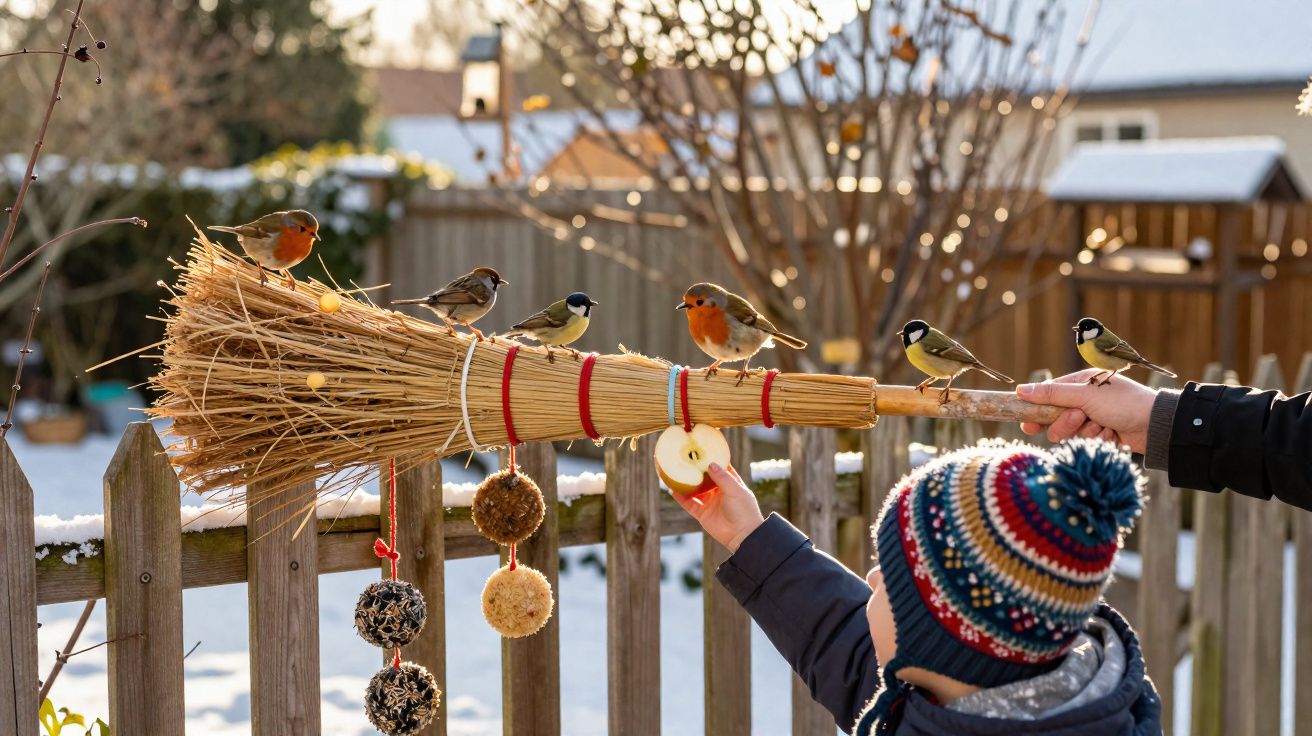 Criança a alimentar vários pássaros empoleirados numa vassoura com bolas de sementes penduradas.