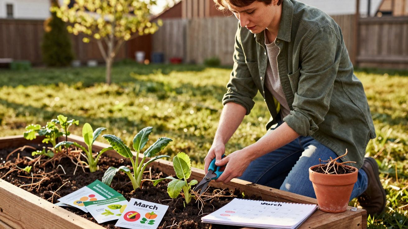Pessoa a cuidar de uma pequena horta em caixa elevada num jardim ensolarado, com calendários e sementes à volta.