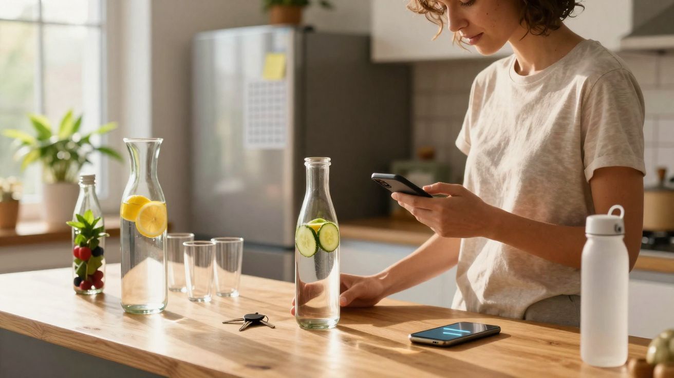 Mulher numa cozinha, segurando telemóvel, com garrafas de água aromatizada e copos numa bancada de madeira.