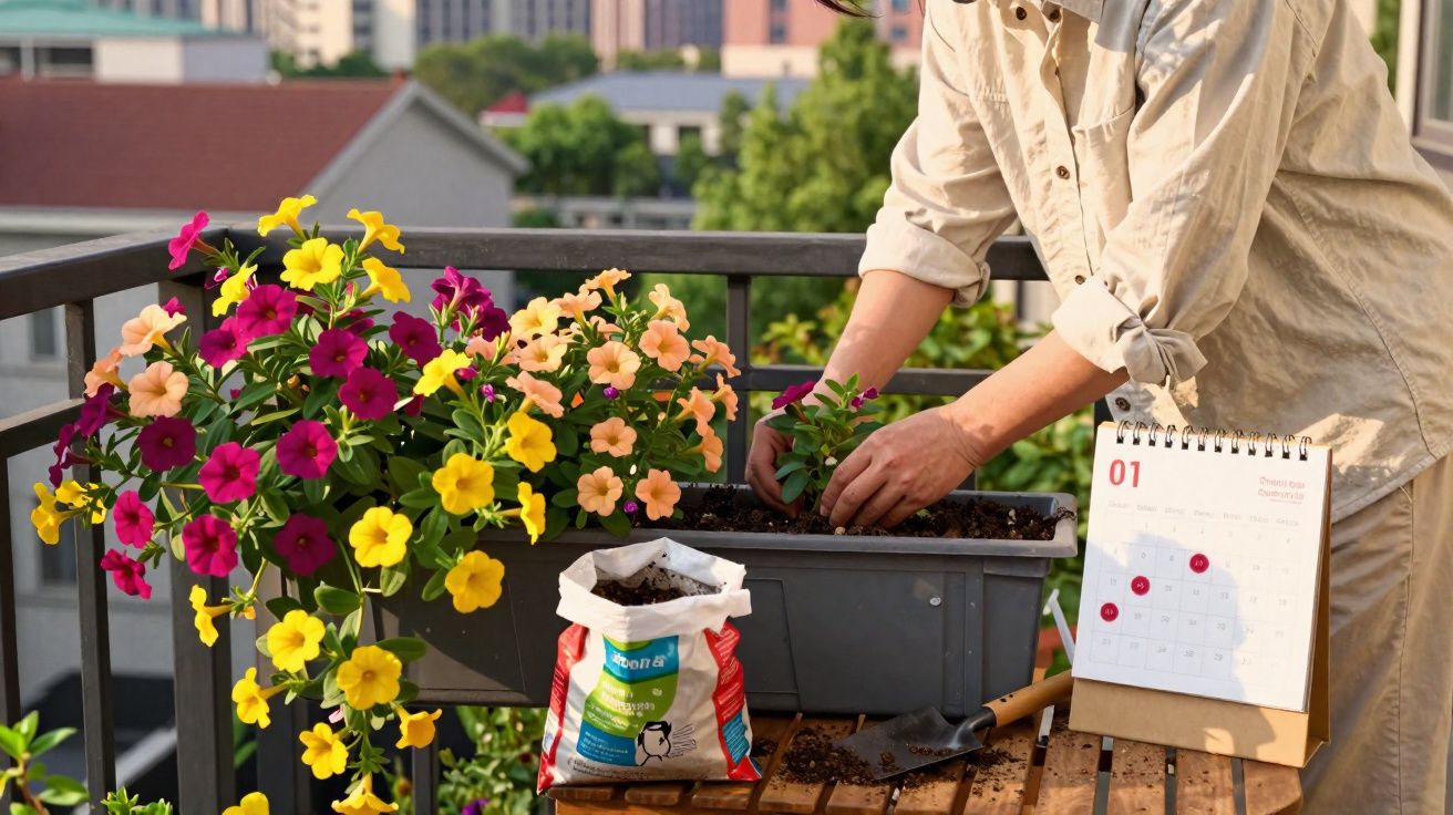 Pessoa a plantar flores coloridas numa varanda com materiais de jardinagem e calendário à vista.