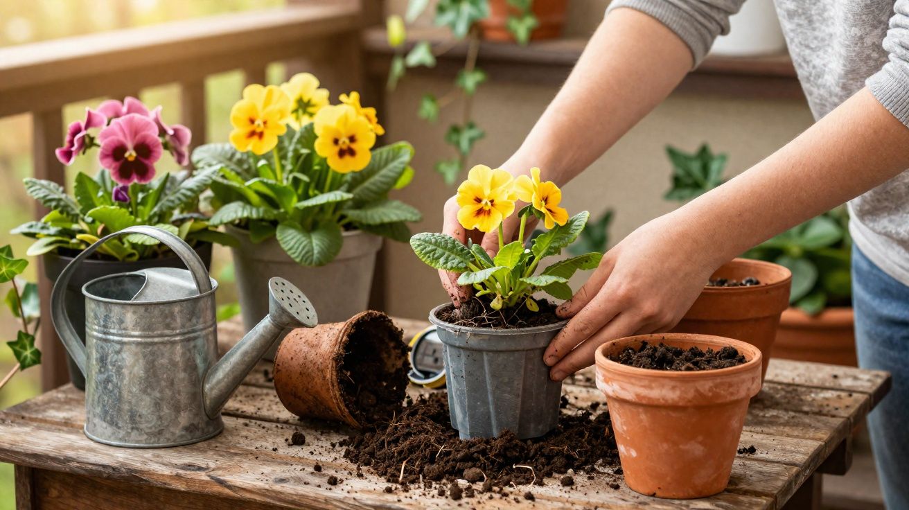 Pessoa a transplantar flores amarelas para vaso de barro numa mesa de madeira com regador ao lado.