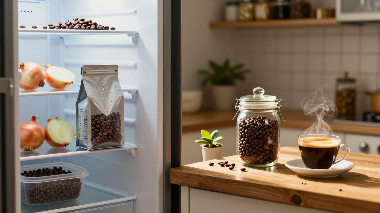Frigorífico aberto com cebolas e sacos de grãos de café, e bancada com jarra de café e chávena a fumegar.