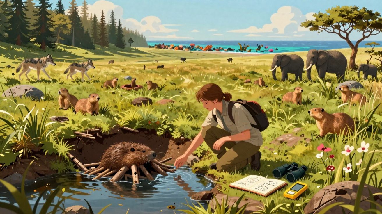 Criança observa castor perto da água numa savana com vários animais e floresta ao fundo.