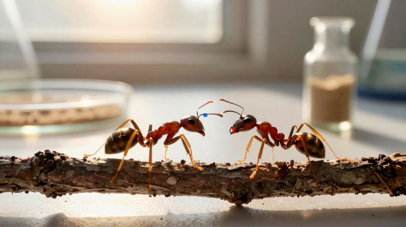 Duas formigas vermelhas enfrentam-se numa pequena rama com fundo desfocado interior.