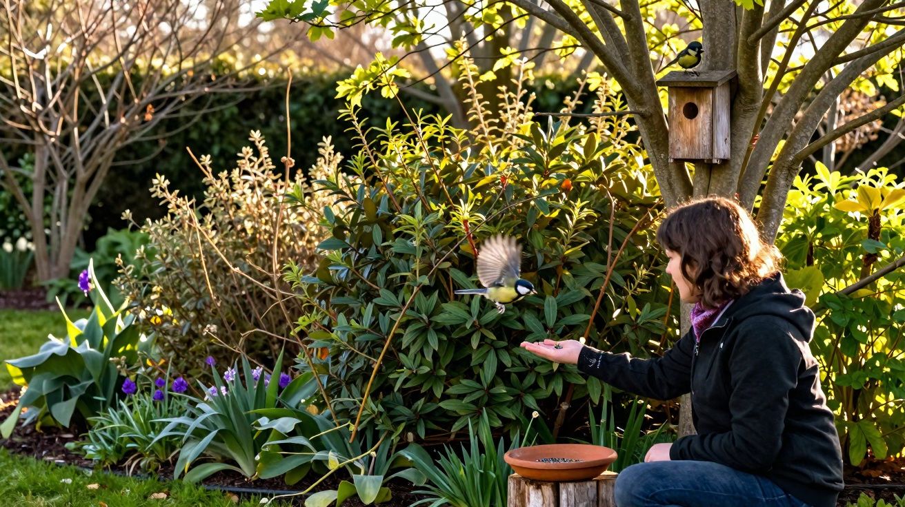 Pessoa alimenta um pássaro que voa junto a uma árvore com uma casa de pássaros num jardim.