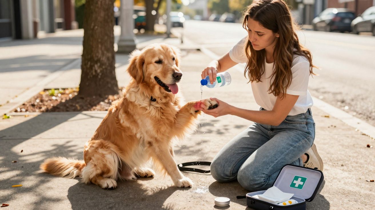 Mulher a limpar a pata ferida de cão golden retriever numa rua urbana com kit de primeiros socorros aberto.